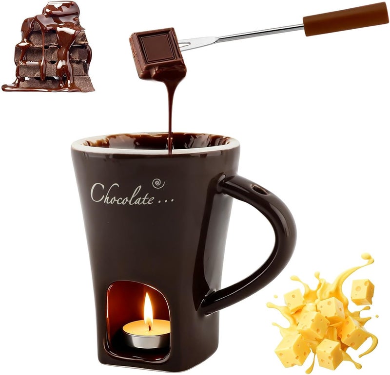 WeiLingBo Chocolate Fondue Cup,Chocolate Fondue Mug with Fork and Candle,Ceramic Chocolate Melting Cup for Birthday Date Night Birthday Wedding Gifts (11.5 * 5.5 * 8.5cm,COLOR:Black) - Image 1